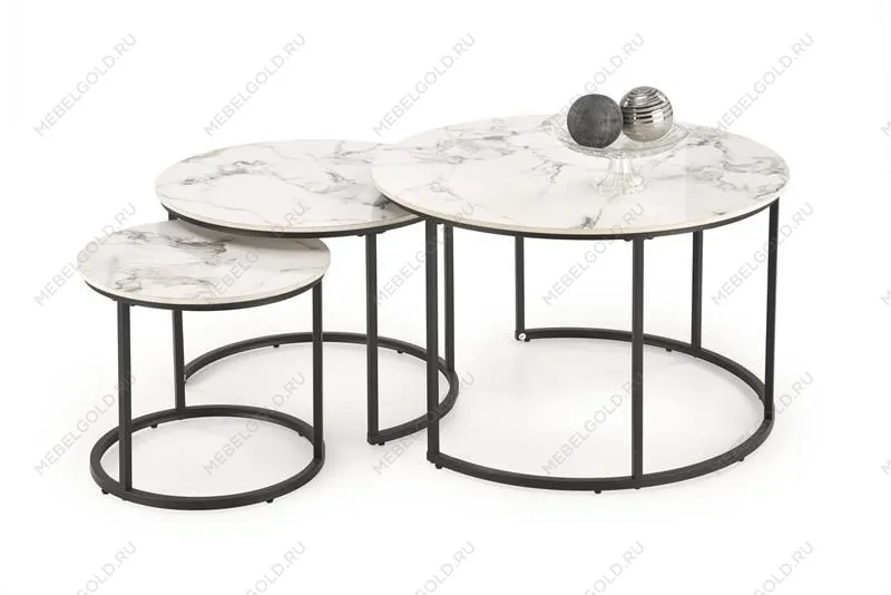 Комплект Halmar GILDA, 3 стола журнальных (белый мрамор/черный)