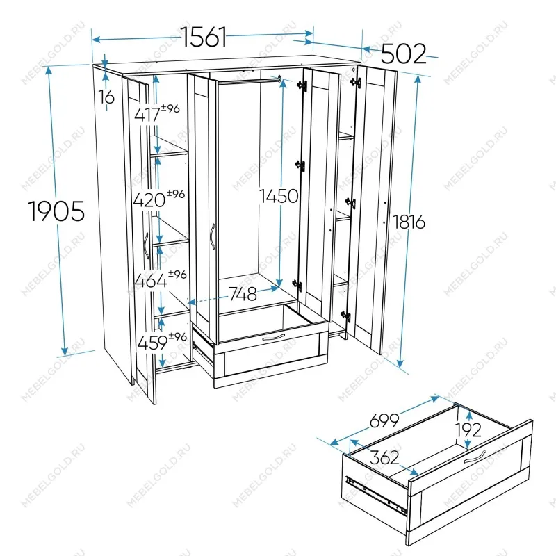 Шкаф Сириус, 4 двери и 1 ящик с зеркалами, 156х50х190 см, дуб сонома | изображение 15