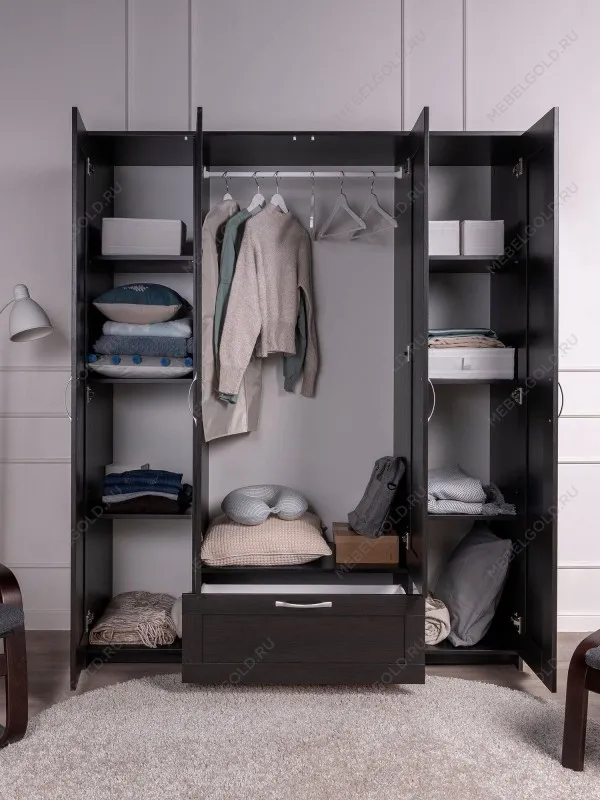 Шкаф Сириус, 4 двери и 1 ящик с зеркалами, 156х50х190 см, черно-коричневый, дуб венге | изображение 2