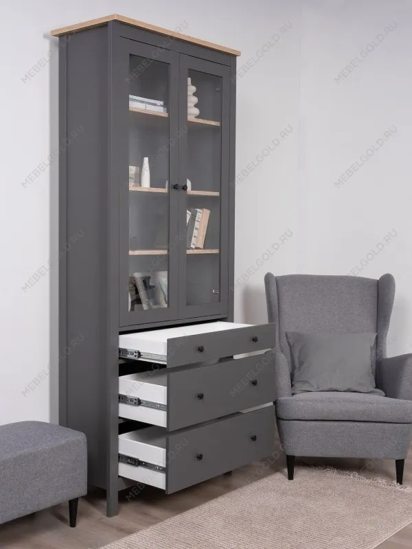 Шкаф с витриной Сага, 90х41х215 см, серый/ясень | изображение 2