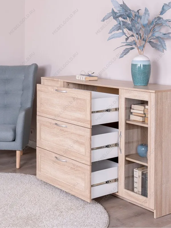 Тумба Сириус, 2 двери со стеклом и 3 ящика, 156х41х95 см, дуб сонома | изображение 3