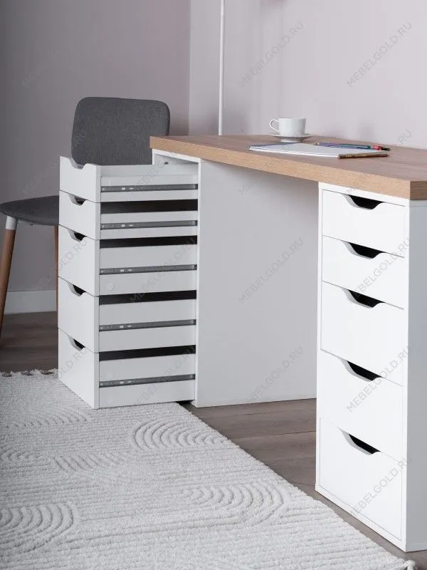 Стол письменный Ингар, 10 ящиков, 140х75х55 см, белый, столешница дуб беленый | изображение 4