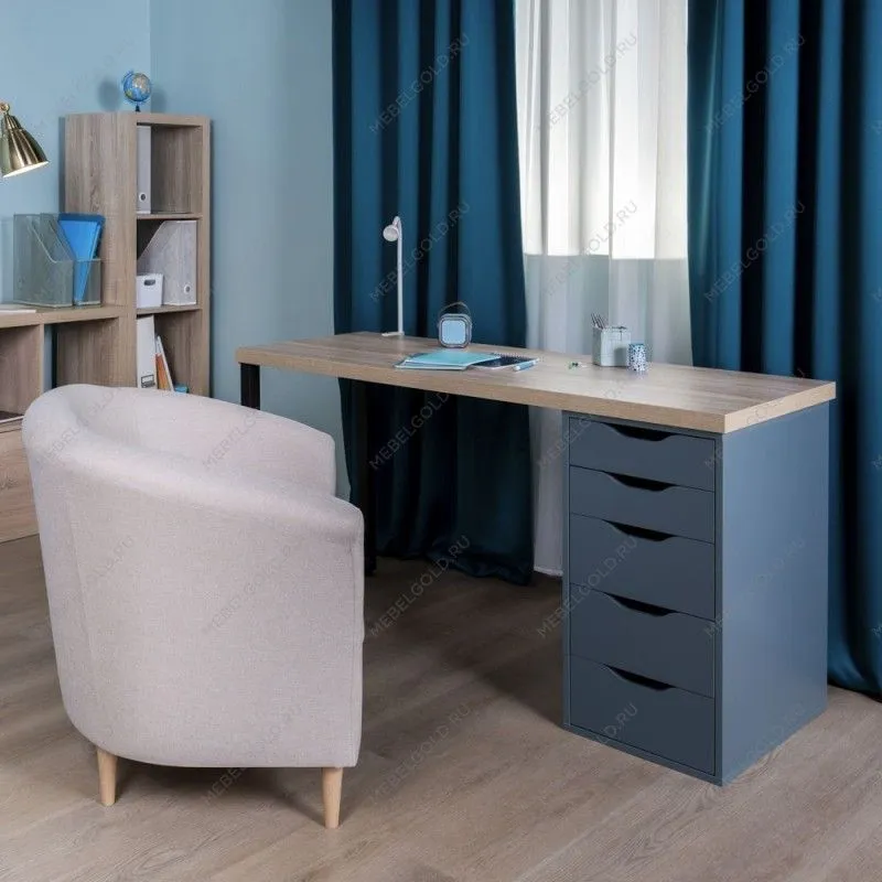 ИНГАР 2/5Т стол письменный 140x75x55, дуб беленый/серо-бирюзовый/черный | изображение 3