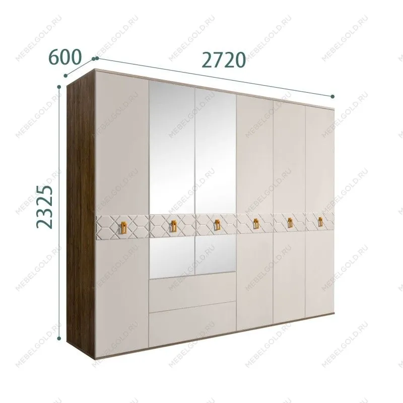 Шкаф 6-ти дверный с зеркалами, с ящиками, Bogemia Woodline Fa (Шелк/Золото) БМШ1/61(Fa)