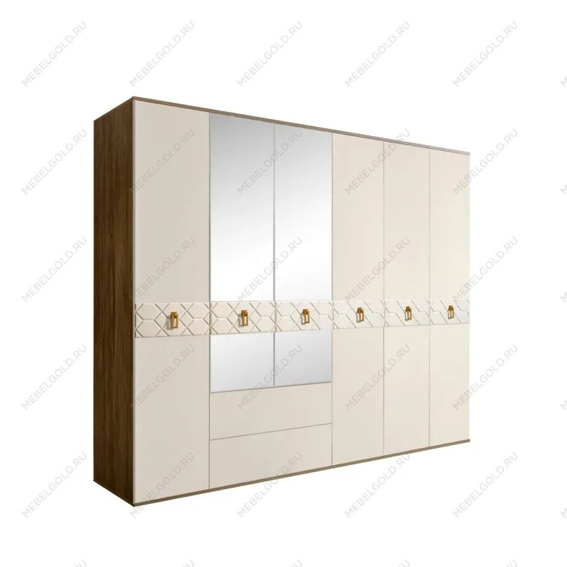 Шкаф 6-ти дверный с зеркалами, с ящиками, Bogemia Woodline Fa (Слоновая кость/Золото) БМШ1/61(Fa)