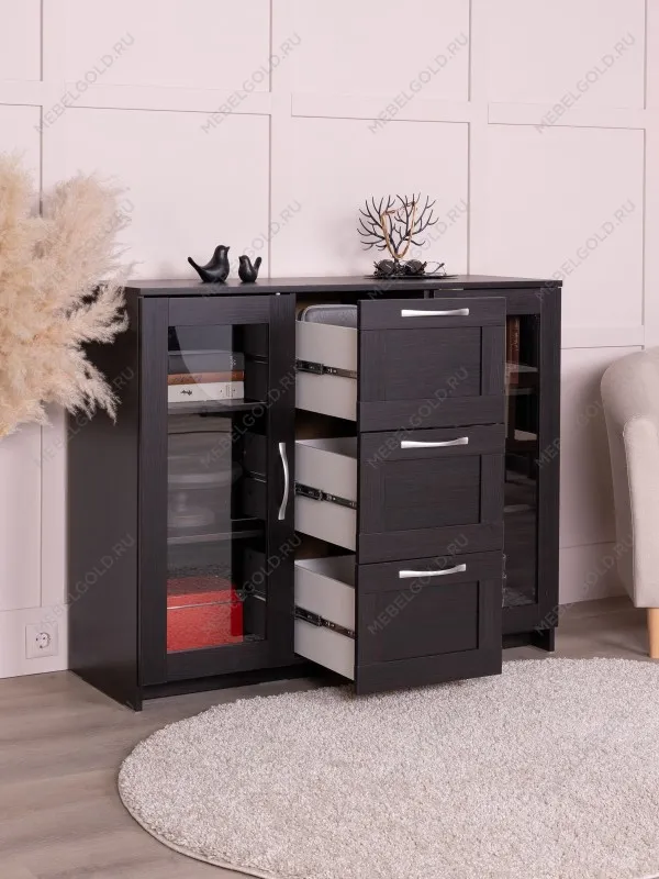 Тумба Сириус, 2 двери со стеклом и 3 ящика, 117х41х95 см, дуб венге, черно-коричневая | изображение 3