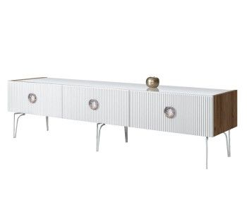 Тумба телевизионная 2.1м Bogemia Woodline Fi (Белый) (Lakobel/Хром) БМТ-2