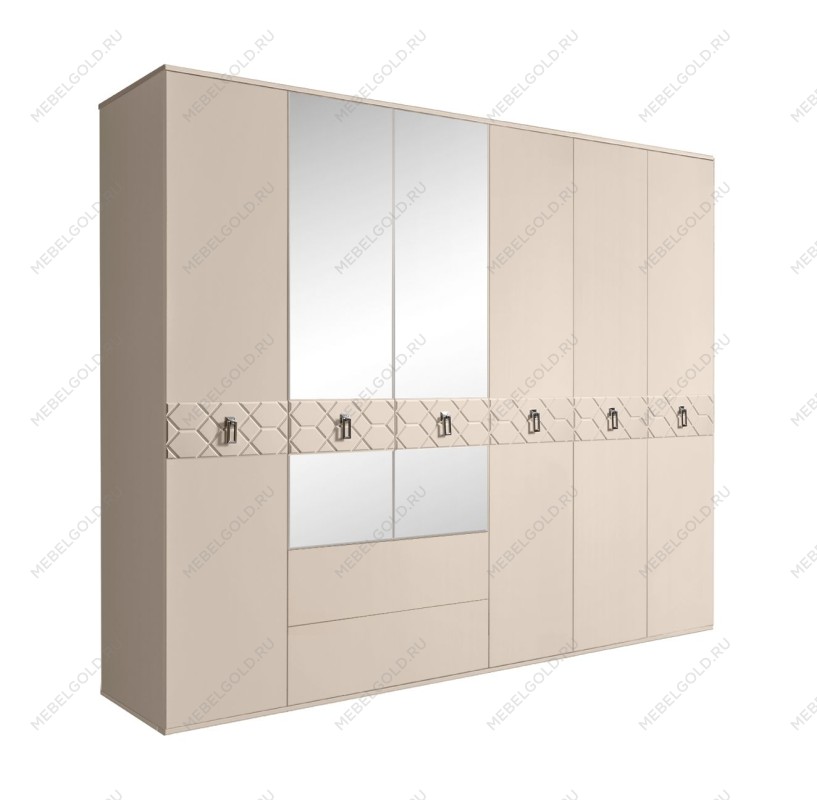 Шкаф 6-ти дверный с зеркалами, с ящиками, Bogemia Farfalle (Ваниль/Хром) БМШ1/61(Fa)