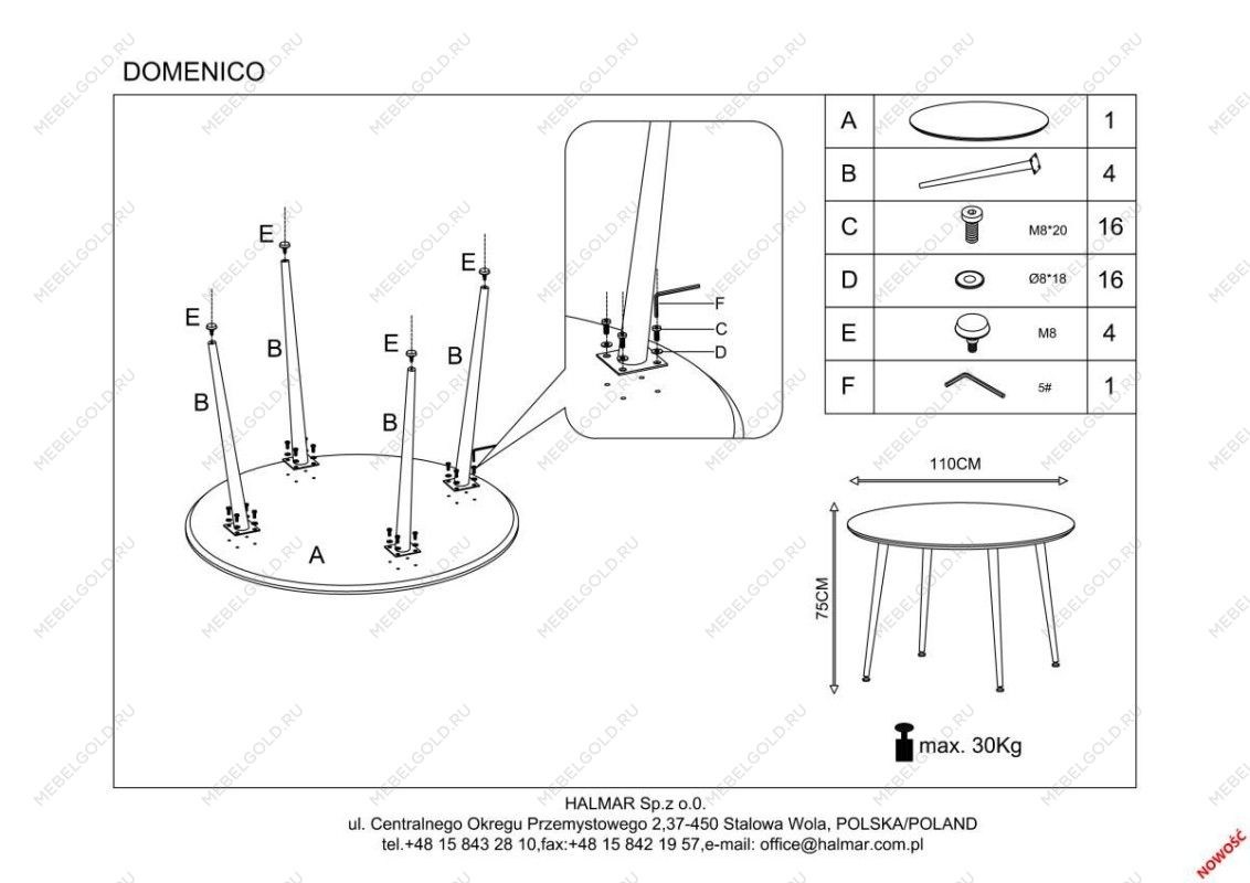 Стол обеденный Halmar DOMENICO 110 (орех/золотой) | изображение 12