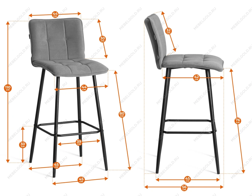 Барный стул Bari/Бари, велюр, серый, 29, 45х56х110 см | изображение 15