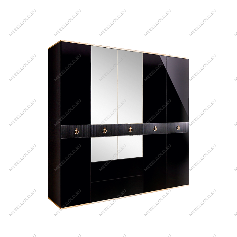 Шкаф 5-ти дверный с зеркалом, с ящиками Римини СОЛО (Черный/Золото) РМШ1/51(s)