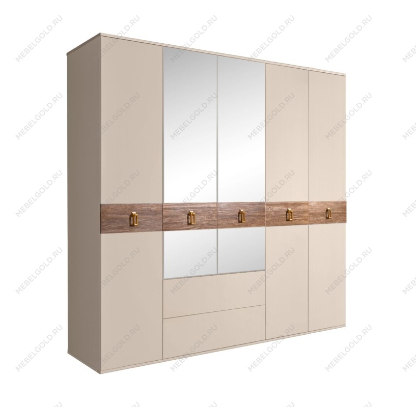 Шкаф 5-ти дверный с зеркалами, с ящиками, Bogemia Wood Fa (Ваниль/Золото) БМШ1/51(Wo)