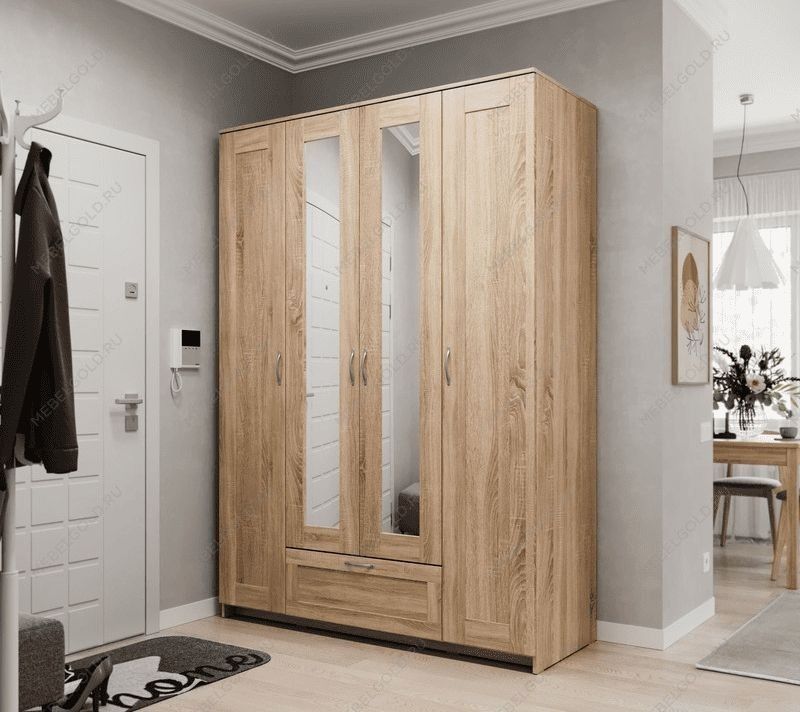 БРИМНЭС / СИРИУС Шкаф четырёхдверный ИКЕА / IKEA с одним выдвижным ящиком и двумя зеркалами, Дуб Сонома | изображение 4