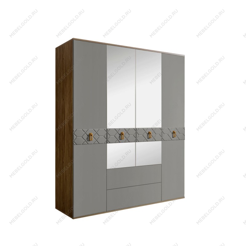 Шкаф 4-х дверный с зеркалами, с ящиками, Bogemia Woodline Fa (Серый/Золото) БМШ1/41(Fa)