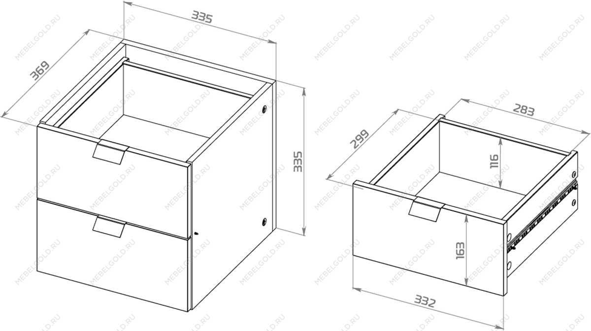 Фора модуль с двумя ящиками, ручка металл 33х33х37, дуб беленый | изображение 2