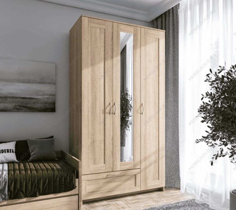 БРИМНЭС / СИРИУС Шкаф трёхдверный ИКЕА / IKEA с одним выдвижным ящиком и зеркалом, Дуб Сонома | изображение 4