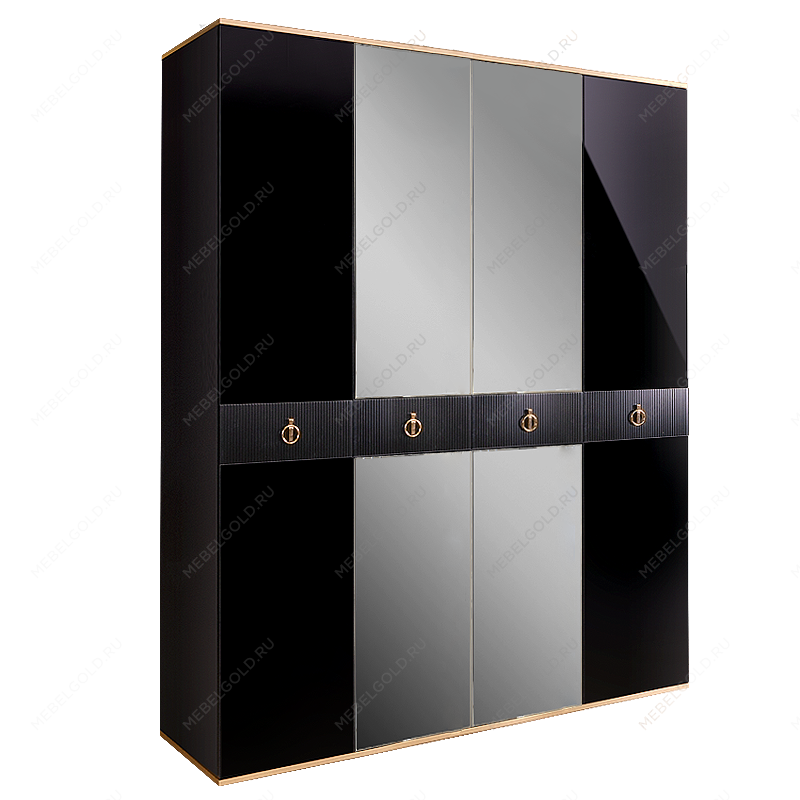 Шкаф 4-х дверный с зеркалом Римини СОЛО (Черный/Золото) РМШ1/4(s)