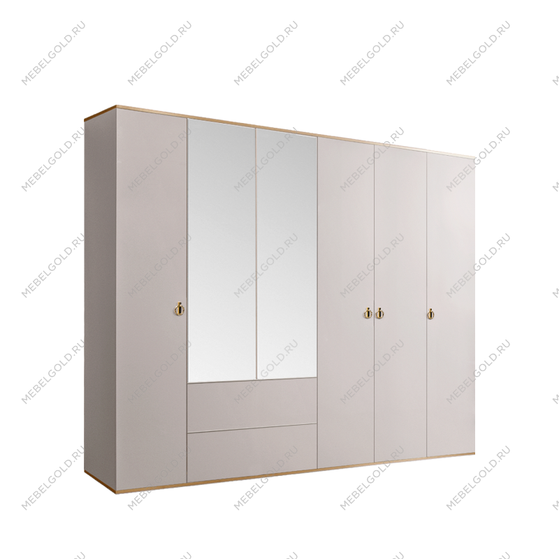 Шкаф 6-ти дверный с зеркалом, с ящиками Римини (Слоновая кость/Золото) РМШ1/61