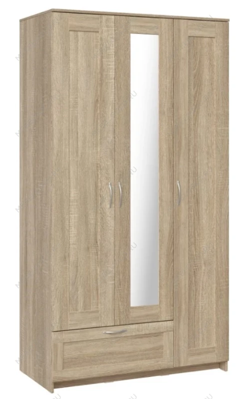 БРИМНЭС / СИРИУС Шкаф трёхдверный ИКЕА / IKEA с одним выдвижным ящиком и зеркалом, Дуб Сонома